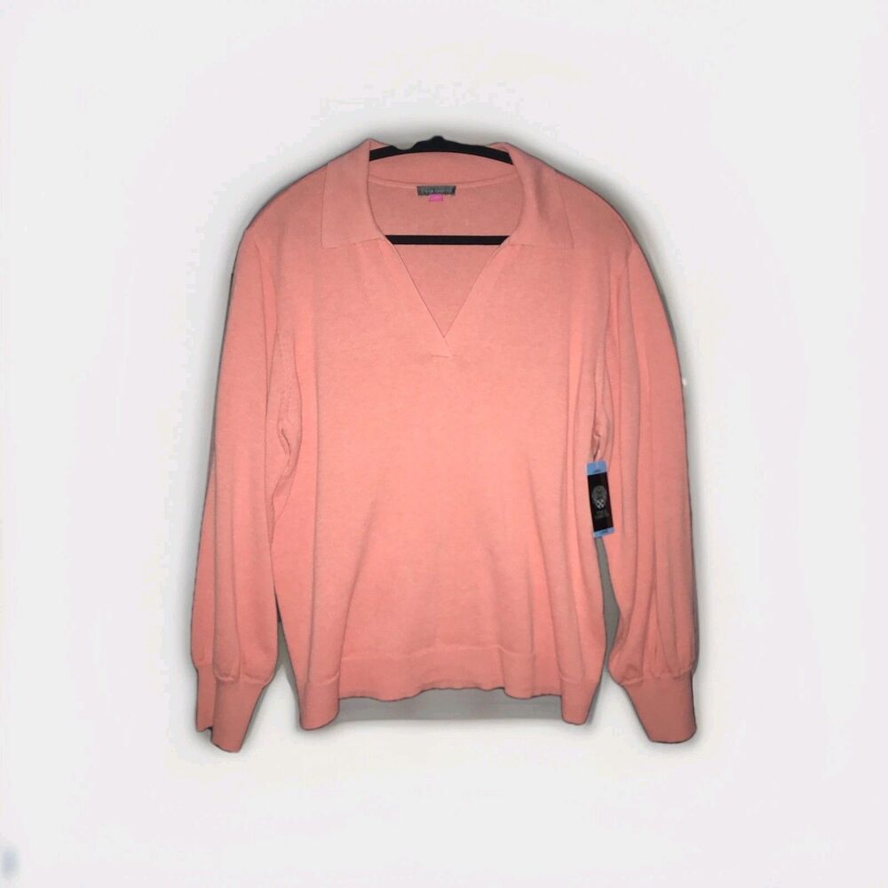 Vince Camuto Ocean Coral Collared V Neck Sweater Large Top Long Sleeve‎  Women's